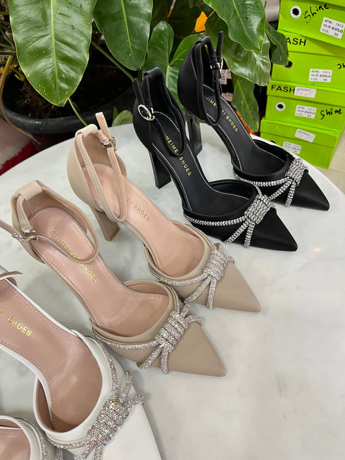 Rhinestone Embedded Pointy Ankle Strap Heels